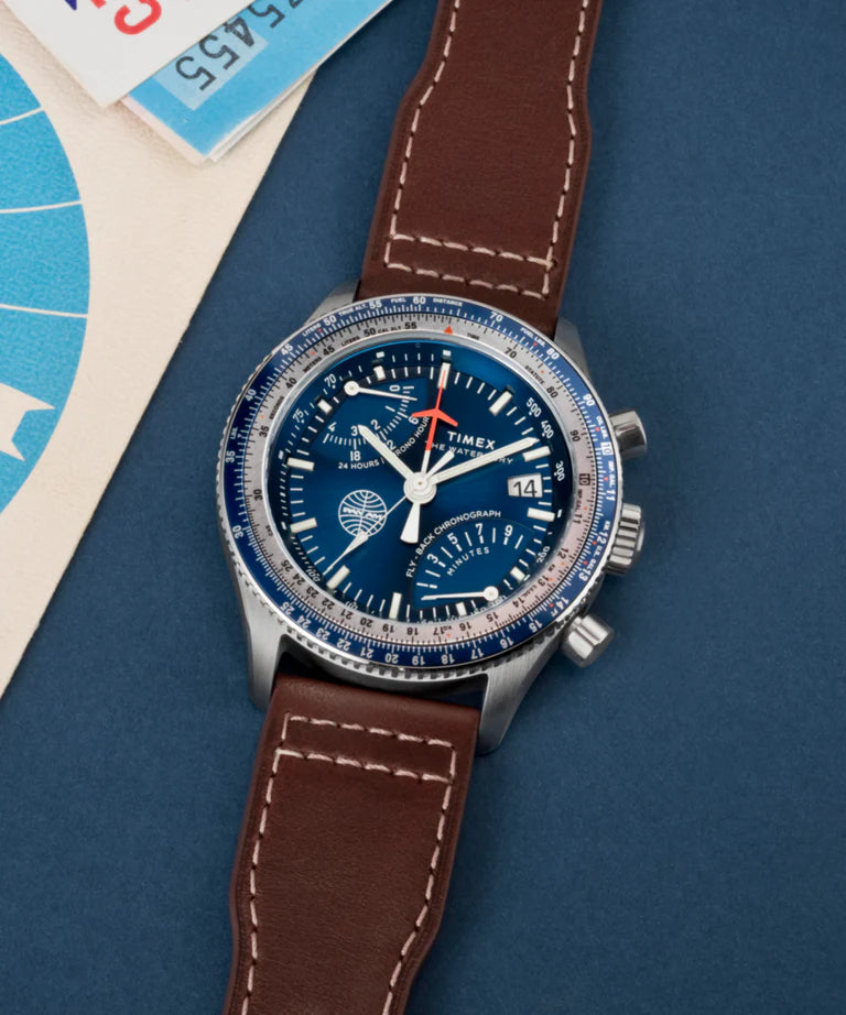 Timex Fly Back Chronograph x Pan Am® 43mm Leather Strap Watch