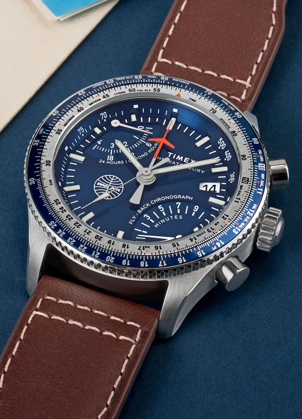 Timex Fly Back Chronograph x Pan Am® 43mm Leather Strap Watch