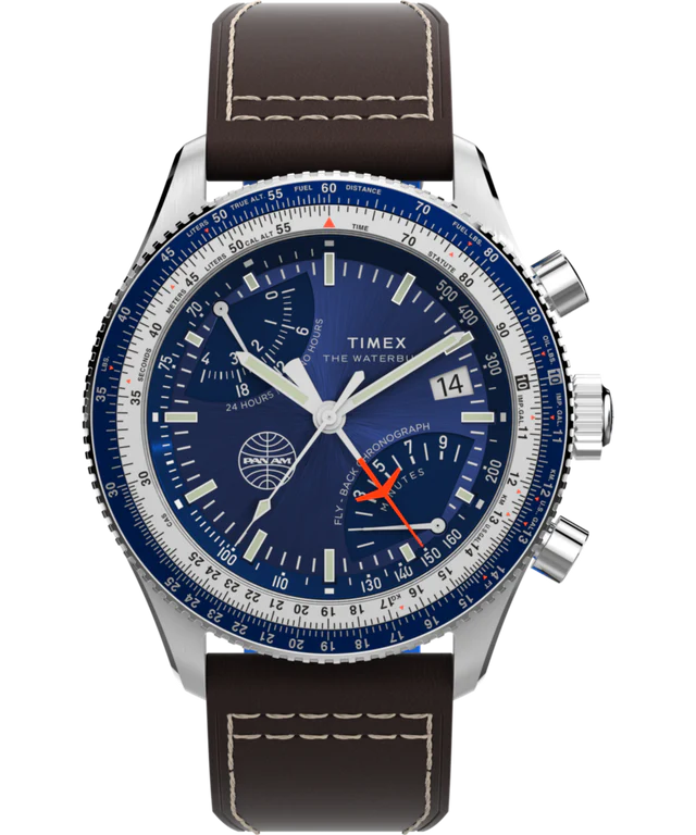 Timex Fly Back Chronograph x Pan Am® 43mm Leather Strap Watch