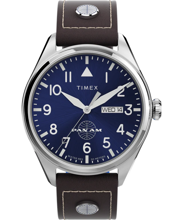 Timex X Pan Am Day-Date 42mm Leather Strap Watch